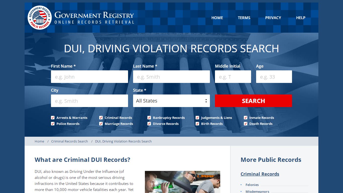 DUI Records | DUI Public Records | GovernmentRegistry.org